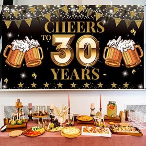 Cheers to 30 Years Backdrop Banner, Happy 30th Birthday Decorations for Men Women, 30th Anniversary, Class Reunion Backdrop, Black Gold 30 Years Celebration Party Decoration, Vicycaty (6.1ft x 3.6ft）