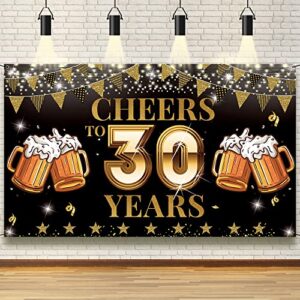 cheers to 30 years backdrop banner, happy 30th birthday decorations for men women, 30th anniversary, class reunion backdrop, black gold 30 years celebration party decoration, vicycaty (6.1ft x 3.6ft）