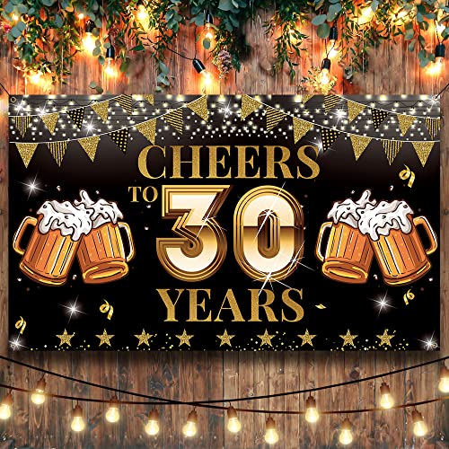 Cheers to 30 Years Backdrop Banner, Happy 30th Birthday Decorations for Men Women, 30th Anniversary, Class Reunion Backdrop, Black Gold 30 Years Celebration Party Decoration, Vicycaty (6.1ft x 3.6ft）