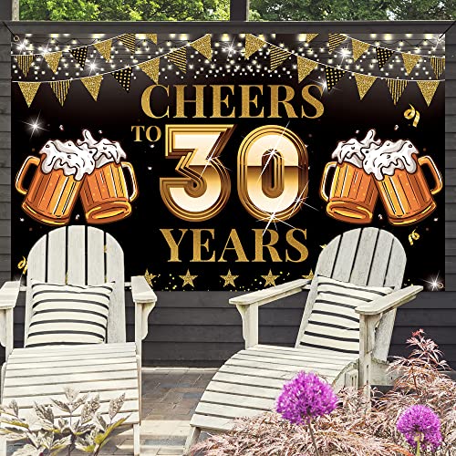 Cheers to 30 Years Backdrop Banner, Happy 30th Birthday Decorations for Men Women, 30th Anniversary, Class Reunion Backdrop, Black Gold 30 Years Celebration Party Decoration, Vicycaty (6.1ft x 3.6ft）