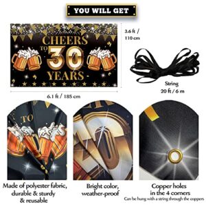 Cheers to 30 Years Backdrop Banner, Happy 30th Birthday Decorations for Men Women, 30th Anniversary, Class Reunion Backdrop, Black Gold 30 Years Celebration Party Decoration, Vicycaty (6.1ft x 3.6ft）