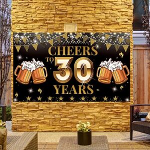 Cheers to 30 Years Backdrop Banner, Happy 30th Birthday Decorations for Men Women, 30th Anniversary, Class Reunion Backdrop, Black Gold 30 Years Celebration Party Decoration, Vicycaty (6.1ft x 3.6ft）