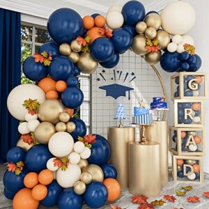 navy blue and gold balloons garland arch kit, ivory white, metallic gold and double stuffed burnt orange balloon garland kit for graduation, birthday party, baby shower, thanksgiving fall decorations