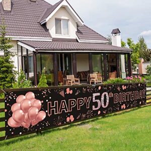 Pimvimcim Happy 50th Birthday Banner Decorations - Rose Gold Large 50th Birthday Party Sign - 50th Birthday Party Decorations Supplies for Women - 50 Years Old Birthday Photo Booth Backdrop(9.8x1.6ft)