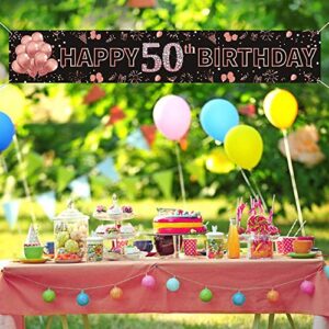 Pimvimcim Happy 50th Birthday Banner Decorations - Rose Gold Large 50th Birthday Party Sign - 50th Birthday Party Decorations Supplies for Women - 50 Years Old Birthday Photo Booth Backdrop(9.8x1.6ft)