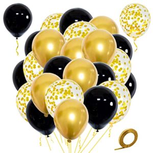 black gold confetti balloons 50 pack 12 inch black and gold metallic latex balloons with 1 rolls of ribbon for birthday graduation celebration party decorations.