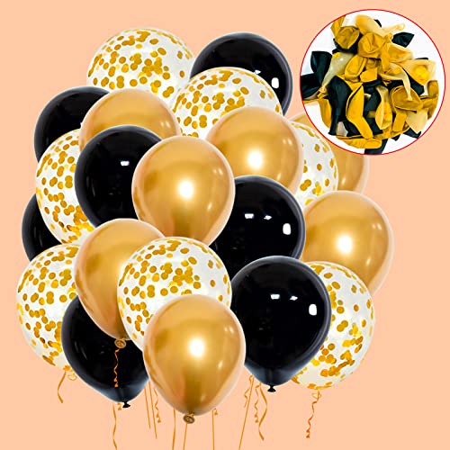 Black Gold Confetti Balloons 50 Pack 12 inch Black and Gold Metallic Latex Balloons with 1 Rolls of Ribbon for Birthday Graduation Celebration Party Decorations.