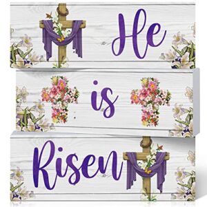 he is risen easter decor easter wooden cross signs floral printed easter tiered tray signs religious tabletop easter decorations spring table centerpieces for home office (cross)