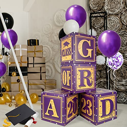 Purple and Gold Graduation Card Box-Set of 4 Graduation Balloon Boxes with "GRAD" and"CLASS OF 2023" Letters Graduation Boxs for High School College Graduation Party Decorations Supplies