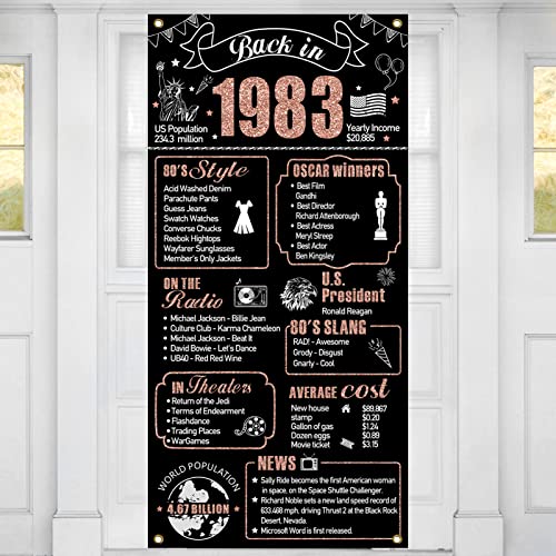 40th Birthday Decorations Back in 1983 Door Banner for Women, Rose Gold Happy 40 Birthday Door Cover Party Supplies, Forty Year Old Bday Theme Backdrop Decor for Outdoor Indoor