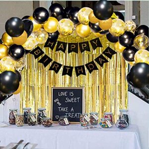 black gold birthday party decoration set, black and gold party decoration including happy birthday banner, balloons, metallic fringe curtain, perfect fit for girls or boys, men or women birthday