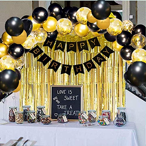 Black Gold Birthday Party Decoration Set, Black and Gold Party Decoration Including Happy Birthday Banner, Balloons, Metallic Fringe Curtain, Perfect Fit for Girls or Boys, Men or Women Birthday