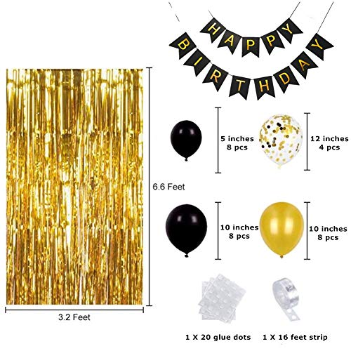 Black Gold Birthday Party Decoration Set, Black and Gold Party Decoration Including Happy Birthday Banner, Balloons, Metallic Fringe Curtain, Perfect Fit for Girls or Boys, Men or Women Birthday