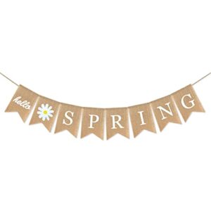 hello spring banner burlap decorations, daisy themed spring decorations garland with flower for mantle fireplace supplies spring bunting garland banner decoration for home spring themed party decor