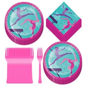 gymnastics party supplies – girl gymnast paper dinner plates, napkins, and forks (serves 16)