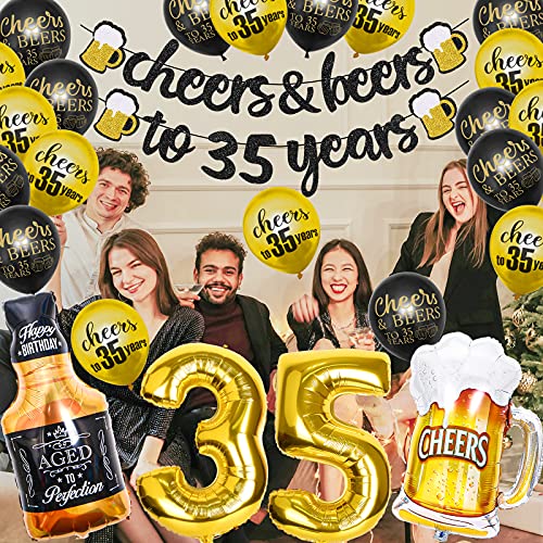 35th Birthday Decorations, 35 Years Anniversary Decorations for Men Women, Cheers to 35 Years Banner, 32 Inch Number 35 Gold Foil Balloon, 35 Sign Latex Balloon, Cheers Cup Foil Balloon for Wedding Anniversary Party Supplies