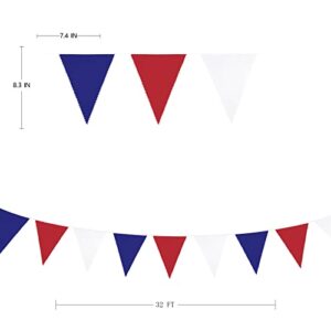 32Ft Red Blue White Banner Party Decorations Fabric Pennant Triangle Flag Bunting Garland for Patriotic 4th of July USA American Independence National Day Graduation Birthday Wedding Outdoor Decor