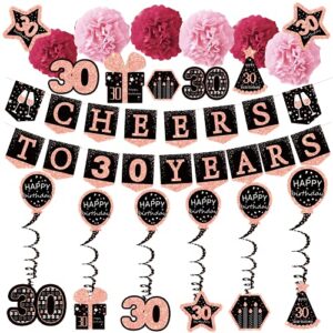 30th birthday decorations for her – (21pack) cheers to 30 years rose gold glitter banner for her, 6 paper poms, 6 hanging swirl, 7 decorations stickers. 30 years old party supplies gifts for women