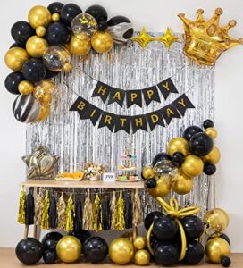lfvik black gold birthday decorations background&4 sizes balloons garland black gold party set,birthday banner,crown balloons,silver curtains,tassel,gold confetti balloons,for women men birthday party
