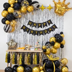 LFVIK Black Gold Birthday Decorations Background&4 Sizes Balloons Garland Black Gold Party Set,Birthday Banner,Crown Balloons,Silver Curtains,Tassel,Gold Confetti Balloons,for Women Men Birthday Party