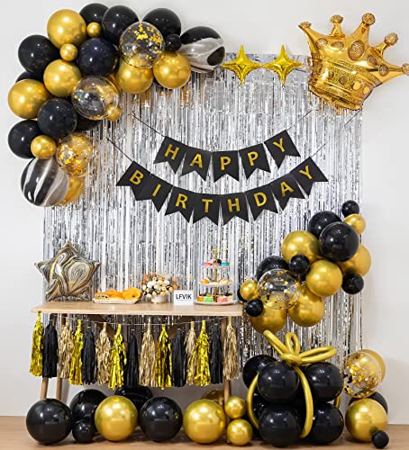 LFVIK Black Gold Birthday Decorations Background&4 Sizes Balloons Garland Black Gold Party Set,Birthday Banner,Crown Balloons,Silver Curtains,Tassel,Gold Confetti Balloons,for Women Men Birthday Party