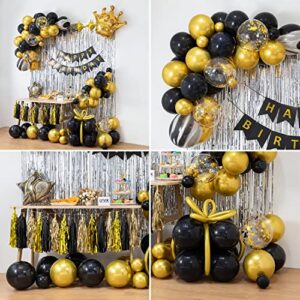 LFVIK Black Gold Birthday Decorations Background&4 Sizes Balloons Garland Black Gold Party Set,Birthday Banner,Crown Balloons,Silver Curtains,Tassel,Gold Confetti Balloons,for Women Men Birthday Party