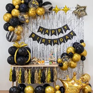 LFVIK Black Gold Birthday Decorations Background&4 Sizes Balloons Garland Black Gold Party Set,Birthday Banner,Crown Balloons,Silver Curtains,Tassel,Gold Confetti Balloons,for Women Men Birthday Party