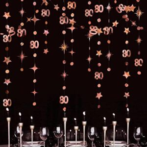 Rose Gold 80th Birthday Decorations Number 80 Circle Dot Twinkle Star Garland Metallic Hanging Streamer Bunting Banner Backdrop for 80 and Fabulous Cheers to 80 Years Old Birthday Party Supplies