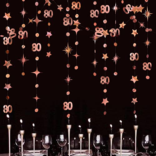 Rose Gold 80th Birthday Decorations Number 80 Circle Dot Twinkle Star Garland Metallic Hanging Streamer Bunting Banner Backdrop for 80 and Fabulous Cheers to 80 Years Old Birthday Party Supplies