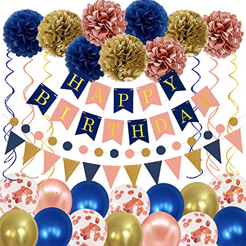 Navy Rose Gold Birthday Decorations - Paper Pom Poms Flower Happy Birthday Banner Circle Dots Garland Pennant Latex Balloons Birthday Decorations for Women Men Girls Navy Blue Rose Gold Party Supplies