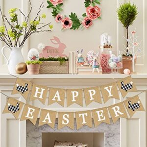 happy easter burlap banner with buffalo plaid bunny – no diy – rustic farmhouse easter decorations – easter bunny bunting garland for mantel fireplace – spring easter party decoration