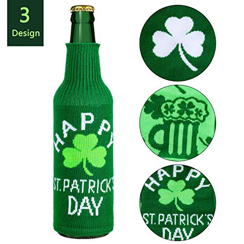 6 Packs St. Patricks Day-Themed Bottle Sleeves Green Shamrock Beer Bottle Covers Glass Beer Bottle Decor for Holiday Party Table Decorations