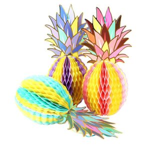 paper jazz luao pineapple party decorations honeycomb centerpieces table and hanging decorations for hawaiian luau tiki beach wedding tropical fruit summer party, multicolored (3 pack)