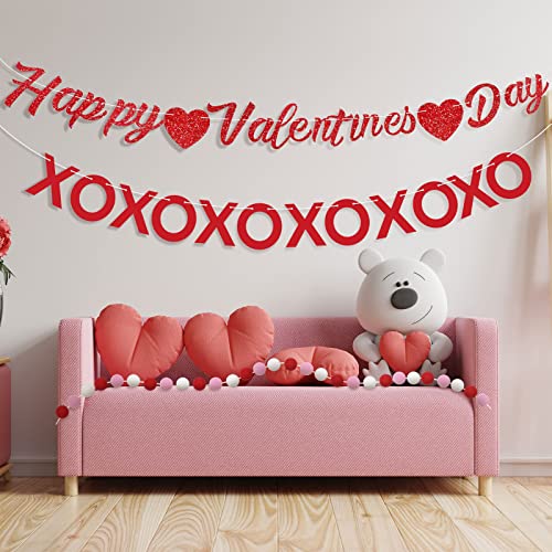 4 Pcs Valentine's Day Decorations Garland Banner with Happy Valentine's Day Banner Pom Pom Garland Ball Red Felt Heart Garland for Valentine's Day Decor Anniversary Wedding Party Supplies