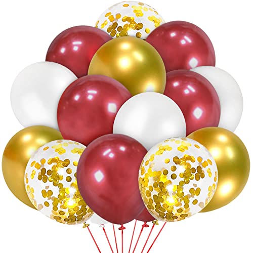 Red and Gold Confetti Balloons, 12 inches Burgundy Metallic Gold and White Balloons for Wedding Birthday Bridal Shower Supplies Baby Shower Anniversary Party Decorations (50 pcs)