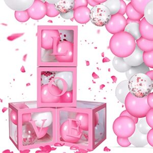 56 pieces valentine’s day transparent love box decorations with balloon led light letters for valentine’s day, wedding party, bridal shower, birthday party reveal backdrop (pink)