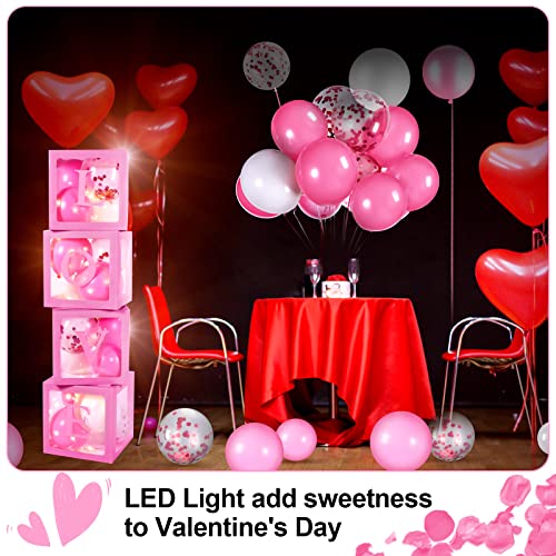 56 Pieces Valentine's Day Transparent Love Box Decorations with Balloon LED Light Letters for Valentine's Day, Wedding Party, Bridal Shower, Birthday Party Reveal Backdrop (Pink)