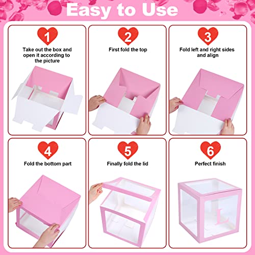 56 Pieces Valentine's Day Transparent Love Box Decorations with Balloon LED Light Letters for Valentine's Day, Wedding Party, Bridal Shower, Birthday Party Reveal Backdrop (Pink)