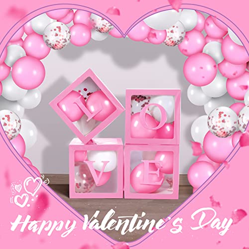 56 Pieces Valentine's Day Transparent Love Box Decorations with Balloon LED Light Letters for Valentine's Day, Wedding Party, Bridal Shower, Birthday Party Reveal Backdrop (Pink)