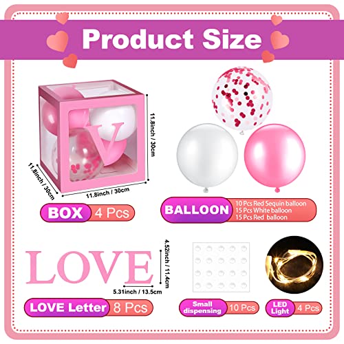 56 Pieces Valentine's Day Transparent Love Box Decorations with Balloon LED Light Letters for Valentine's Day, Wedding Party, Bridal Shower, Birthday Party Reveal Backdrop (Pink)