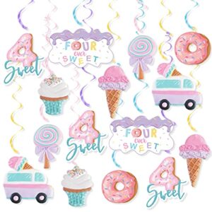 four ever sweet ice cream birthday party decorations, 20pcs ice cream party hanging swirl decorations for kid ice cream fourth birthday party girl donut 4th birthday party ceiling hanging streamers