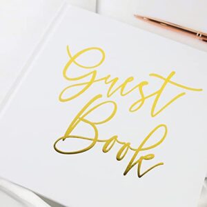 dhgfami wedding guest book – 100 page/50 sheets – for wedding, reception, engagement, baby birthday – white guestbook w/bookmark & gold floral pattern foil gilded edges (white)