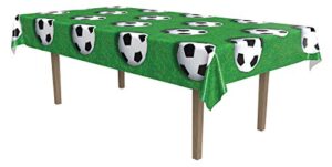 beistle 54532 soccer ball tablecover, 54 by 108-inch, green/white/black