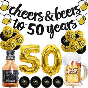 50 year anniversary decorations – cheers & beers to 50 years banner fifty sign latex balloon 32 inch “50” gold balloon 35 inch cheers beers cups foil balloons for 50th birthday wedding party supplies