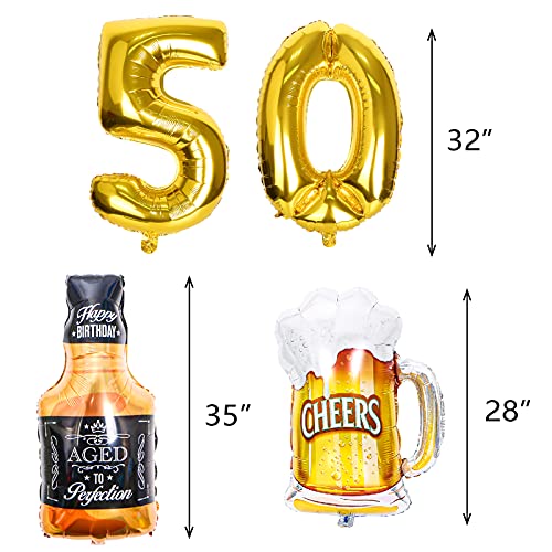 50 Year Anniversary Decorations - Cheers & Beers To 50 Years Banner Fifty Sign Latex Balloon 32 inch "50" Gold Balloon 35 inch Cheers Beers Cups Foil Balloons for 50th Birthday Wedding Party Supplies