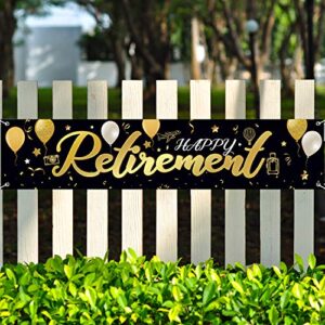 happy retirement banner horizontal large happy retirement sign banner fabric retirement yard sign backdrop background black gold retirement banner for retirement party photo booth, 72.8 x 15.7 inch