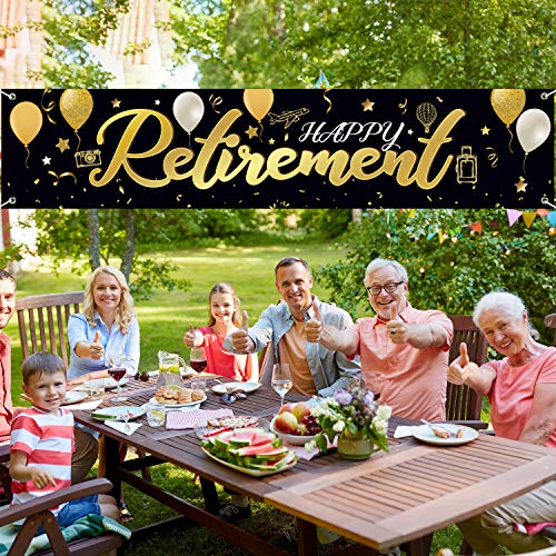 Happy Retirement Banner Horizontal Large Happy Retirement Sign Banner Fabric Retirement Yard Sign Backdrop Background Black Gold Retirement Banner for Retirement Party Photo Booth, 72.8 x 15.7 Inch