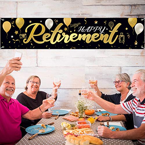 Happy Retirement Banner Horizontal Large Happy Retirement Sign Banner Fabric Retirement Yard Sign Backdrop Background Black Gold Retirement Banner for Retirement Party Photo Booth, 72.8 x 15.7 Inch