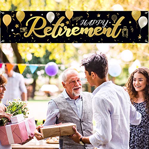 Happy Retirement Banner Horizontal Large Happy Retirement Sign Banner Fabric Retirement Yard Sign Backdrop Background Black Gold Retirement Banner for Retirement Party Photo Booth, 72.8 x 15.7 Inch