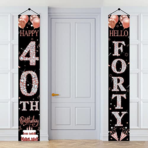 40th Birthday Door Banner Decorations for Women, Rose Gold Happy 40th Birthday Hello Forty Porch Sign Party Supplies, 40 Year Old Bday Decor for Indoor Outdoor